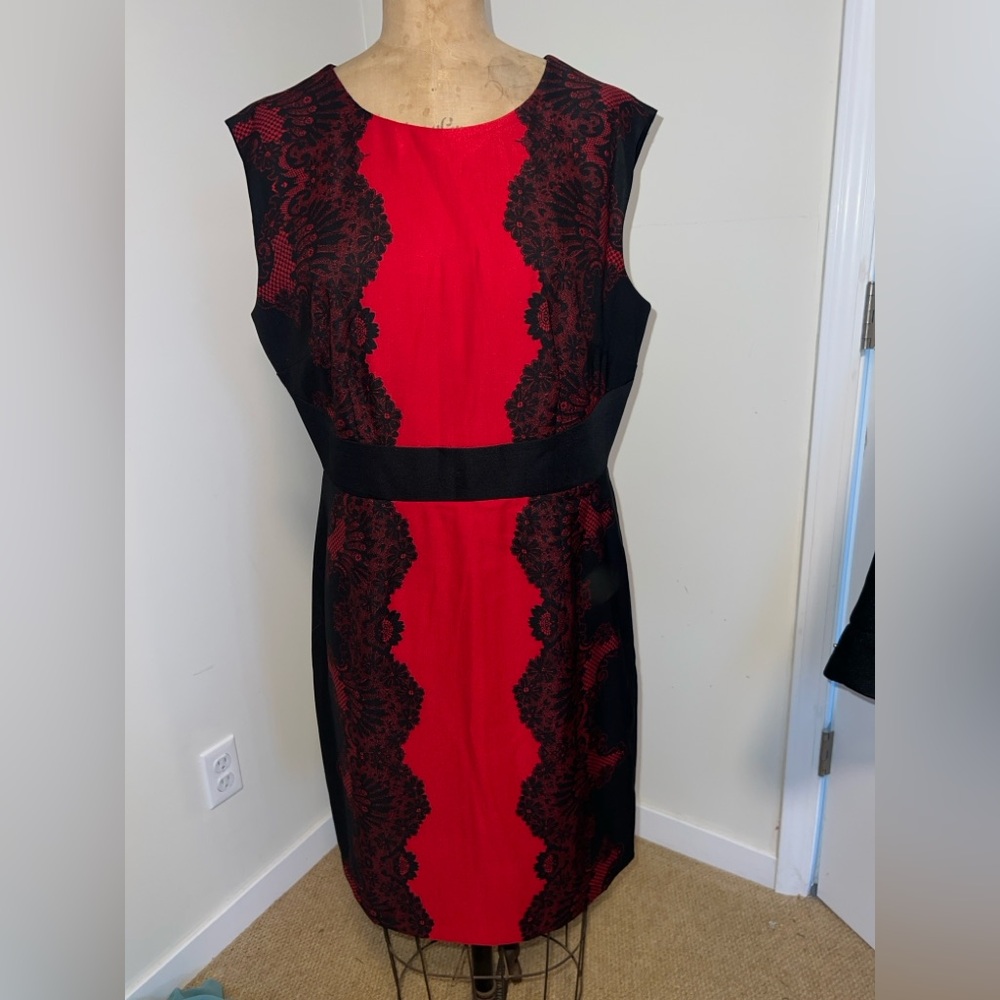 New York & Company Red and Black Lace-Trim Sheath Dress - Picture 2 of 5